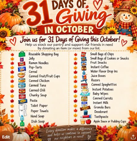 Original Almost Home Chicago 31 Days of Giving in October campaign graphic and pantry donation list