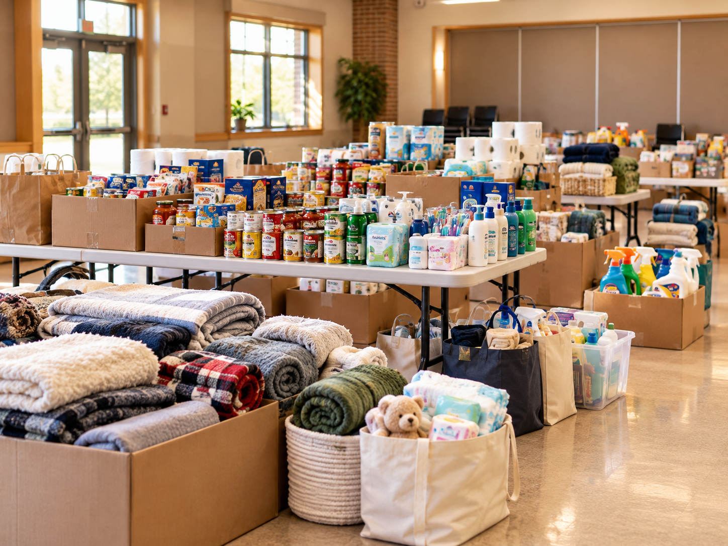 A community donation drive with pantry, hygiene, household and comfort items arranged for collection