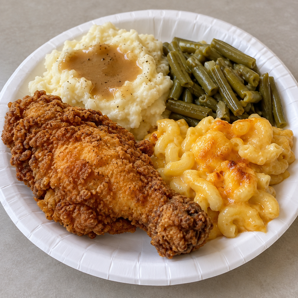 A Monday Dinner plate with fried chicken, mashed potatoes, green beans and macaroni and cheese